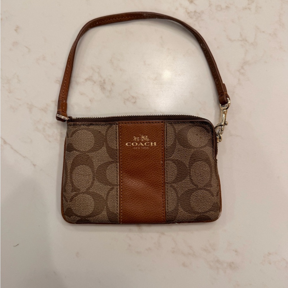 Coach Signature Canvas Brown Mini Wristlet Pouch Small Zip Bag